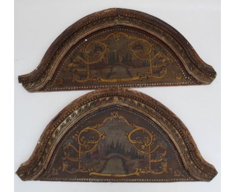 A pair of early 20th century Eastern European painted wood Napoleon Hat shape panels. Each decorated with mountainous landsca