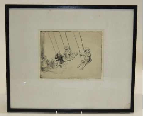Eileen Soper (British 1905-1990) Children on swings. An etching, pencil signed to margin. 19 x 24cm. S.Fletcher label verso
