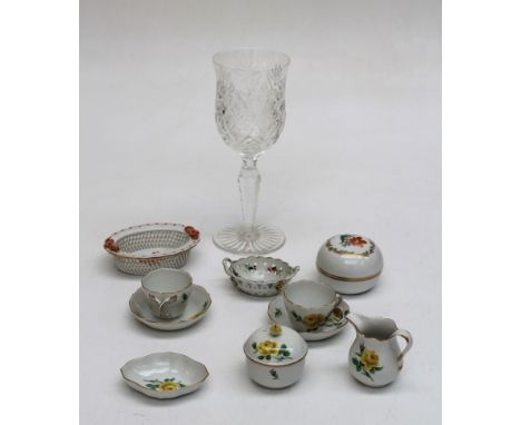 A late Meissen eight piece cabaret tea service, hand decorated with yellow roses, a Herend porcelain basket, 14cm, a Herend b