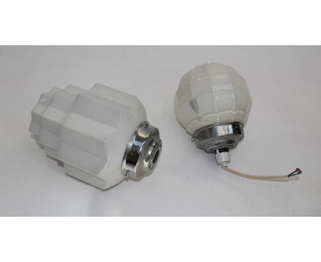 One Art Deco milk glass globe ceiling lamp and one Skyscraper ceiling lamp