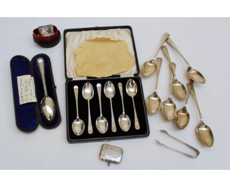 John Round and Sons Ltd, a matched set of six silver dessert spoons, Sheffield 1933 and 1939. Together with a cased set of si