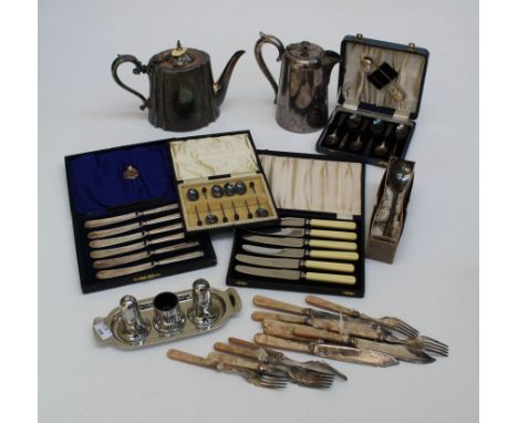 A small quantity of silver plate, to include cased bean terminal coffee spoons, silver handled butter knives, Edwardian teapo