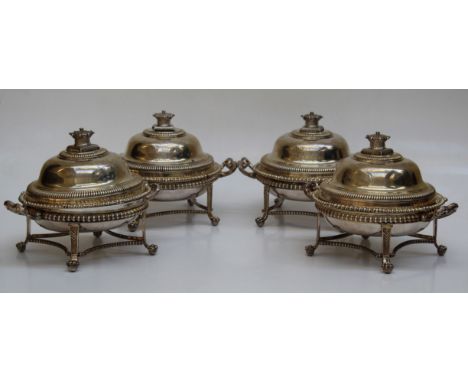 A set of four Paul Storr silver tureens with gadrooned rims and family crest which shows similarities to the Earls of Verulam