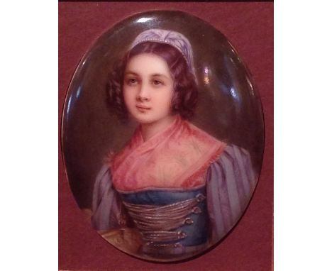 A 19TH CENTURY BERLIN OVAL PORCELAIN PORTRAIT PLAQUE  Finely painted with an image of a young girl in period dress, indistinc