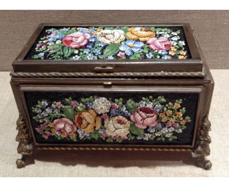 A 19TH CENTURY ITALIAN BRONZE MICRO-MOSAIC CASKET Having ormolu mounts and five decorative floral panels. (approx 18cm x 11cm