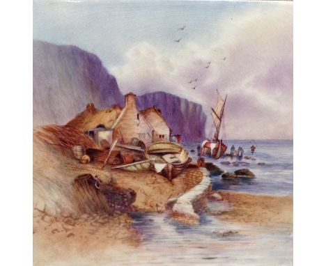 A CERAMIC SQUARE TILE Hand painted with a coastal scene, with cottages and a fishing boat.  (approx 20½cm x 20½cm) 