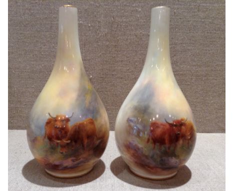 HARRY STINTON, A PAIR OF 19TH CENTURY WORCESTER PORCELAIN VASES Painted with cattle, signed.  (approx h 15cm) Condition: good