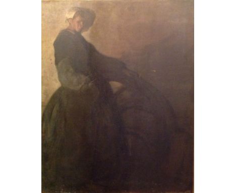 A 19TH CENTURY PORTRAIT  Of a maid standing in a darkened room by an industrial wheel, unframed. (81cm x 100cm) Condition: so