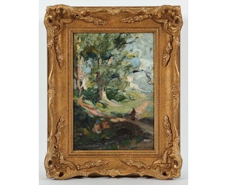 WILLIAM MARSHALL BROWN RSA (SCOTTISH 1863 - 1936),
CHILDREN PLAYING ON THE MILL ROAD, COCKBURNSPATH
oil on board, signed, tit