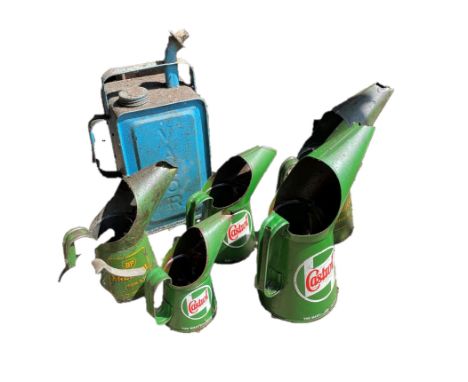 Three used Castrol oil dispensers, two marked BP, plus Valor fuel can, various capacitiesClick here for more details and imag