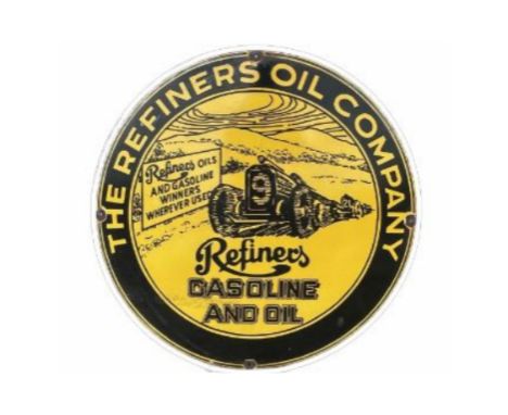 Single-sided, circular enamel sign advertising the products of The Refiners Oil CompanySome wear and chipped enamel measuring