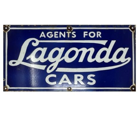 'Agents For Lagonda Cars' enamel on tin advertising sign Blue and white enamelling, single-sided and showing some signs of we