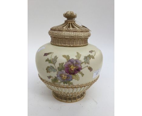 A Royal Worcester blush ivory bulbous pot and reticulated cover, puce backstamp, pansy pattern (damage to finial) pattern ref