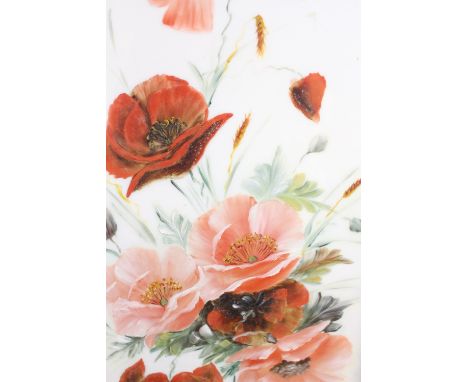 Painting on ceramic plaque, Poppies in green velvet frame 