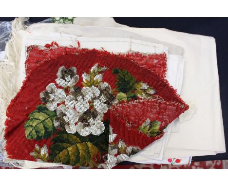 A quantity of linen and textiles to include heavily worked Victorian chair seat cover, floral bead work in tapestry, a sample