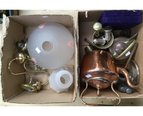 A 19th century brass pestle and mortar together with a Garrards silver plated cruet set, two copper kettles, a set of goblets