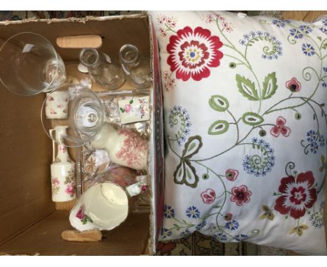 A box of glass and ceramic; large wine glasses, chintz jug, cushion etc (one box)