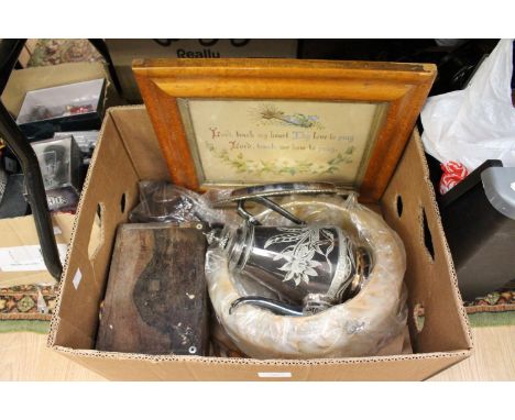 A mixed lot to include a maple picture frame, two items of silver plated ware, a glass light shade and a wooden box, etc (one