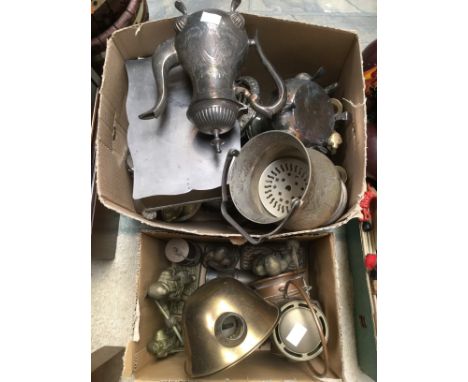 Two miniature Eccles miners lamps together with a copper Lucas coach lamp, an oil lamp, brass figures of miners and a quantit
