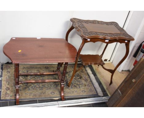 An Edwardian mahogany two-tier occasional table, a further Edwardian occasional table with a carved top, together with a furt