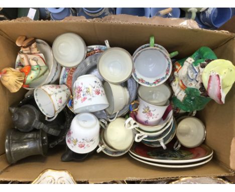 A large Staffordshire figure, together with two Prattware plates, Shelley china, tea/coffee wares and metalware 