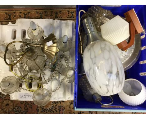 A box of assorted retro light fittings, comprising a pair of pressed glass wall lights, a pair of 1950s/60s wooden wall light
