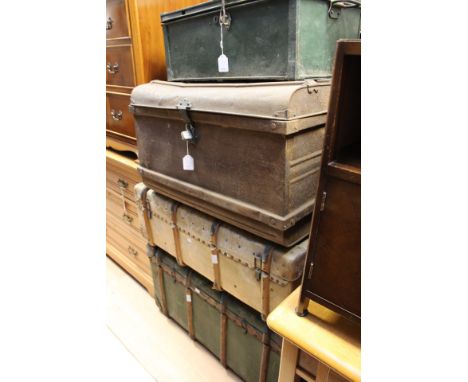 A collection of trunks, comprising metal box, metal trunk, plus two cabin trunks (4)