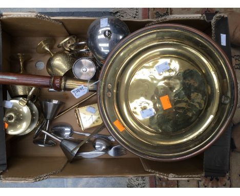 A Swiss mechanical wind 'Helveco' mantle clock in carriage clock style, a brass Eagle, brass and stainless steel ware and a c