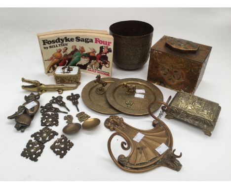19th and early 20th century brassware, Indian, Japanese trinket boxes, two cartoon books, caddy spoons etc