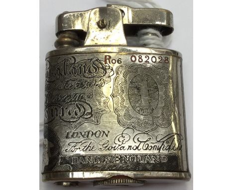 A novelty one pound note pocket lighter, silver plate and enamel 