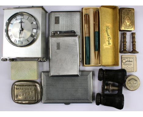 A pair of Bakelite ESL opera glasses, boxed Regent Royale fountain pen/propelling pencil, three chrome plated cigarette cases