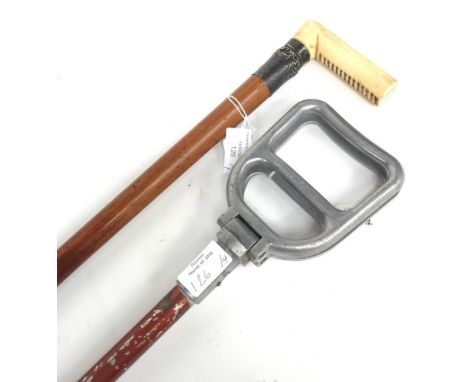 An ivory handled Malacca cane with white metal collar; together with a shooting stick and two pairs of binoculars (one cased)