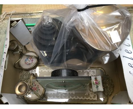 A set of scales and weight; together with a dressing table set comprising clock, candlesticks and tray plus an enamelled pill