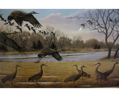  Collection of three framed prints: 'For Amber Waves of Grain', Terry Redlin, signed in pencil; print of bear in snowy woodla