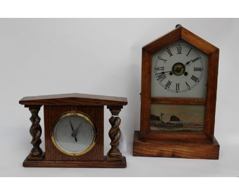 An oak mantle clock Jerome & Co, New Haven United States of America, Roman numerals, key and pendant, with an oak barometer