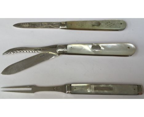 Lot of three silver and mother of pearl items, 1 x fruitknife with engraved blade Sheffield 1903, W.S. Savage & Co, and large