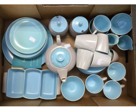 Poole Pottery tea wares, including teapot and cover, two milks, two sugars, cups, saucers, sides and server (one box) 