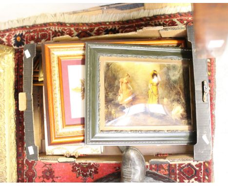 Victorian Crystoleum, Arts and Crafts pewter condiment set, mantle clock, frames, etc. (one box)