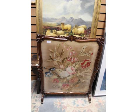 Victorian Berlin woodwork panel depicting flowers in rosewood case made as a firescreen 