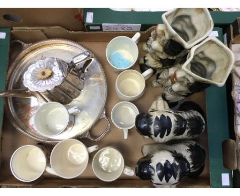 A box of assorted ceramics, including a pair of Staffordshire Spaniels, a pair of Spaniel jugs, a Victorian silver plated tea