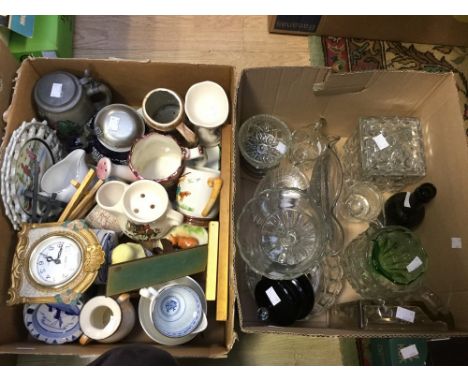 Steins, Delft ware, Masons Ironstone hand painted plates, glass desk set, pressed glass, coloured glass, etc, two boxes and W