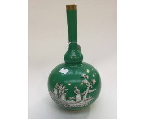 A Chamberlains Worcester porcelain bottle vase with rural/seascape scenes on a green ground, circa 1830 