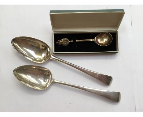 A pair of London silver table spoons 1805 by George Wintle; together with boxed silver spoon (3) 4.5 ozt approx 