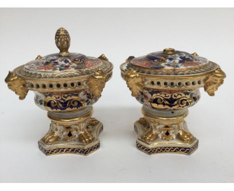 A Derby Bloor pot pourri and cover finial restored, with a matching Derby Bloor pot pourri and cover, restored (two both with