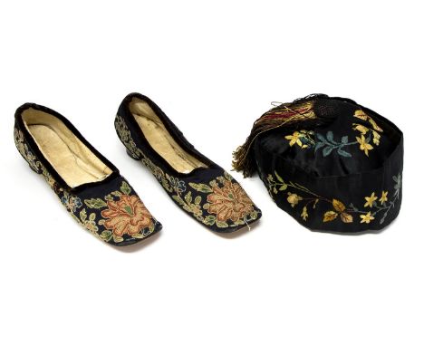 A pair of late Regency embroidered shoes onto black satin, small stacked heel and square toes 1820/30, together with a Victor