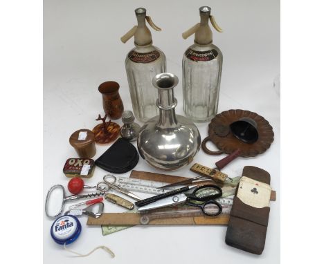 Corkscrews, pewter decanter, playing cards, bell, scissors, etc (one bag) 