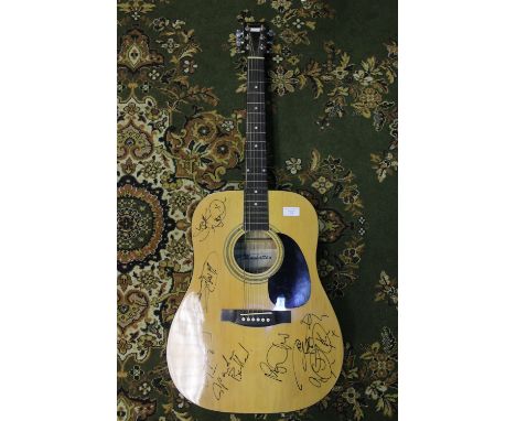 Spandau Ballet fully signed/autographed 'Manhattan' Acoustic beige lacquered body with black signatures and sketch from drumm