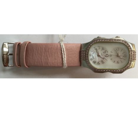 A Philip Stein pink sapphire watch, with mother of pearl dial, set with pink sapphire surround, pink leather strap, boxed 