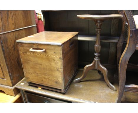 A small pine box with lid and a small reproduction wine table (2)