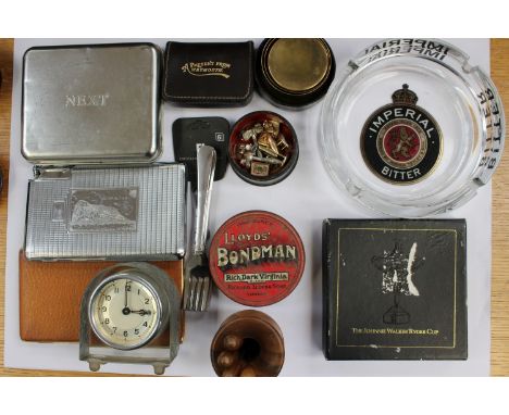 A papier mache box with cufflinks, two cigarette cases and lighter, parcel lot, etc 